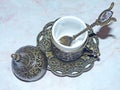 Fildjan - turkish coffee cup and saucer. Close-up Royalty Free Stock Photo