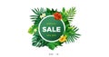 Summer sale discount design background with tropical leaves. Banner with exotic jungle plants