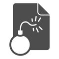 File and bomb solid icon, web security concept, Email Virus sign on white background, Bomb hacking document icon in