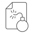 File and bomb thin line icon, web security concept, Email Virus sign on white background, Bomb hacking document icon in