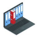 File cabinets inside the screen of laptop computer. Laptop and file cabinet. Data storage 3d isometric illustration