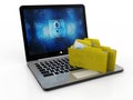 File in database - laptop and folders, 3d rendering, File storage Royalty Free Stock Photo