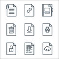 file and document outline line icons. linear set. quality vector line set such as upload, choices, unlock, print, download, trash Royalty Free Stock Photo