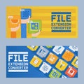 File extension converter set of banners vector illustration. Audio, photo, image, word file type. Document format