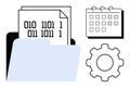 Digital file folder with binary documents, calendar, and gear representing data management and planning Royalty Free Stock Photo