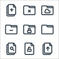 file and folder line icons. linear set. quality vector line set such as cloud uploading, unlocking, find on page, empty folder, Royalty Free Stock Photo