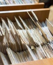 File folders in a file cabinet, card catalog in a library, close Royalty Free Stock Photo