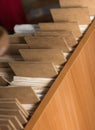 File folders in a file cabinet, card catalog in a library, close Royalty Free Stock Photo