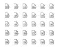 File format flat line icons set. Epub, dll, pps, gif, sql, fb2, eps, app document vector illustrations. Outline signs