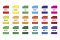 File format icons. Flat vector set of file buttons. Saving various files. Stock image