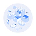 File organization service. Document archiving concept. Organized data storage system. Drawers with folders and documents.