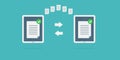 File sharing concept. Data transfer, ftp file receiver and backup on tablet screen. File transfer in notebooks