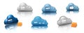 File storage. Group of blue and gray clouds with folder and books. 3d illustration computer icon isolated on white. Cloud computin