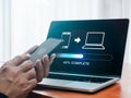 File transfer, data migration, transmission, backup files concept. Loading progress bar and smartphone sending to computer, icons Royalty Free Stock Photo