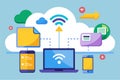 File transfer to cloud storage via Wi-Fi is illustrated with multiple devices and a vibrant cloud network Transfer files to cloud Royalty Free Stock Photo