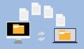 File transfer. Two computers with files on blue background