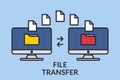 File transfer. Two computers with folders on the screen and documents sent. Copy files, exchange data, backup, transfer Royalty Free Stock Photo