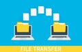 File transfer. Two laptops with folders on screen and transferred documents. Copy files, data exchange, backup, PC