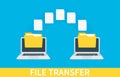 File transfer. Two laptops with folders on screen and transferred documents. Copy files, data exchange, backup, PC Royalty Free Stock Photo