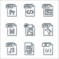 file type line icons. linear set. quality vector line set such as js file, tiff, mp file, eps indd ppt html