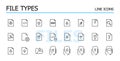 File types. Data storage icons. Download and upload, settings, media and system. Vector icons set