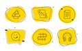 Survey progress, Megaphone and Loan percent icons set. File, Yummy smile and Headphones signs. Vector