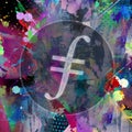 Filecoin cryptocurrency coin on colorful background, cryptocurrency concept