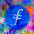 Filecoin cryptocurrency coin on colorful background, cryptocurrency concept