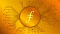 Filecoin cryptocurrency token symbol, FIL coin icon in circle with pcb on gold background.