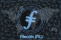 Filecoin FIL Abstract Cryptocurrency. With a dark background and a world map. Graphic concept for your design