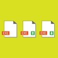 Filename extension icon EXE executable file format created in flat style. The sign depicts a white sheet of paper with a curved