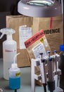 Files and evidence bag in a crime lab