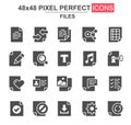 Files glyph icon set. Document lock, edit, delete, processing, search, preferences, media content, update unique icons