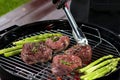 Filet mignon beaf steak gourmet asparagus on grill Royalty Free Stock Photo