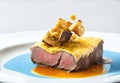 Filet Mignon- Bernaise Sauce served with Blue Lake Beans and Potato Gratin. Generative AI Royalty Free Stock Photo