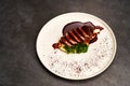 Filet mignon with mashed potatoes and pomegranate sauce, close-up Royalty Free Stock Photo