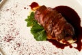 Filet mignon with mashed potatoes and pomegranate sauce, close-up Royalty Free Stock Photo