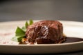 Filet mignon with mashed potatoes and pomegranate sauce, close-up