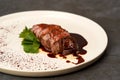 Filet mignon with mashed potatoes and pomegranate sauce, close-up Royalty Free Stock Photo
