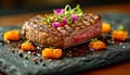 Filet Mignon with Pepper and Edible Flowers on plate