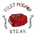 Filet-Mignon Steak Beef Cut with Lettering in s Thyme Herb Frame. Meat Guide for Butcher Shop or Steak House Restaurant Menu Logo.