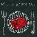 Filet Mignon Steak on the Grill for BBQ, Tongs and Fork. Lettering Grill and Barbecue. Realistic Doodle Cartoon Style