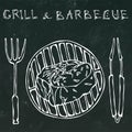 Filet Mignon Steak on the Grill for BBQ, Tongs and Fork. Lettering Grill and Barbecue. Realistic Doodle Cartoon Style