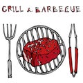 Filet Mignon Steak on the Grill for BBQ, Tongs and Fork. Lettering Grill and Barbecue. Realistic Doodle Cartoon Style Hand Drawn S