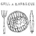 Filet Mignon Steak on the Grill for BBQ, Tongs and Fork. Lettering Grill and Barbecue. Realistic Doodle Cartoon Style Hand Drawn S