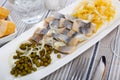 Filets of lightly salted herring with onion, marinated cabbage and pickled peas Royalty Free Stock Photo