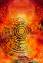 Filigrane floral ornament with mandala shape on cosmic backgrond, computer collage. Fire effect. Royalty Free Stock Photo