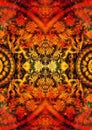 Filigrane floral ornament with mandala shape on cosmic backgrond, computer collage. Fire effect. Royalty Free Stock Photo