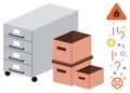 Filing cabinet with open boxes and bug warning symbol representing data chaos and system issues Royalty Free Stock Photo
