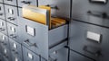 Filing cabinet with a single yellow folder in an open drawer. 3D illustration
